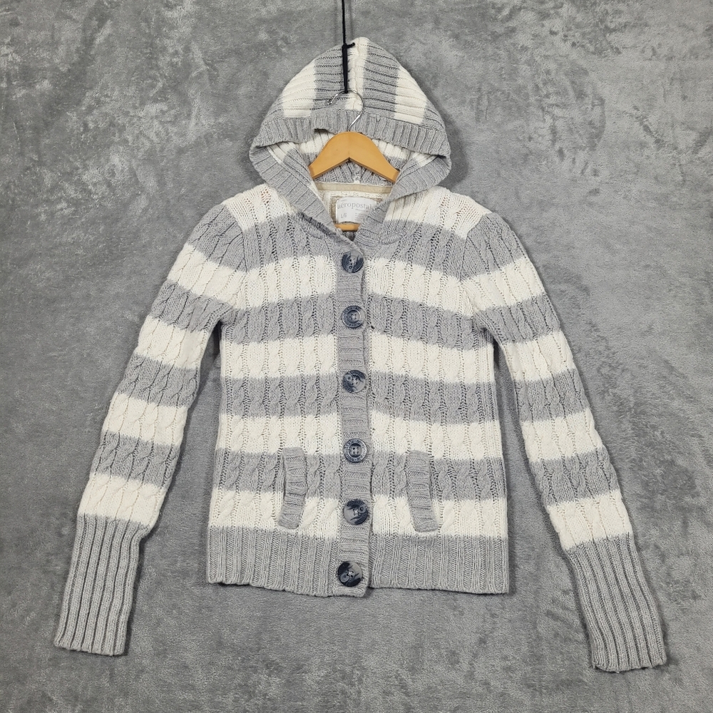Aeropostale Cardigan Hooded Button Up Cableknit Wool Y2K Striped Womens Large